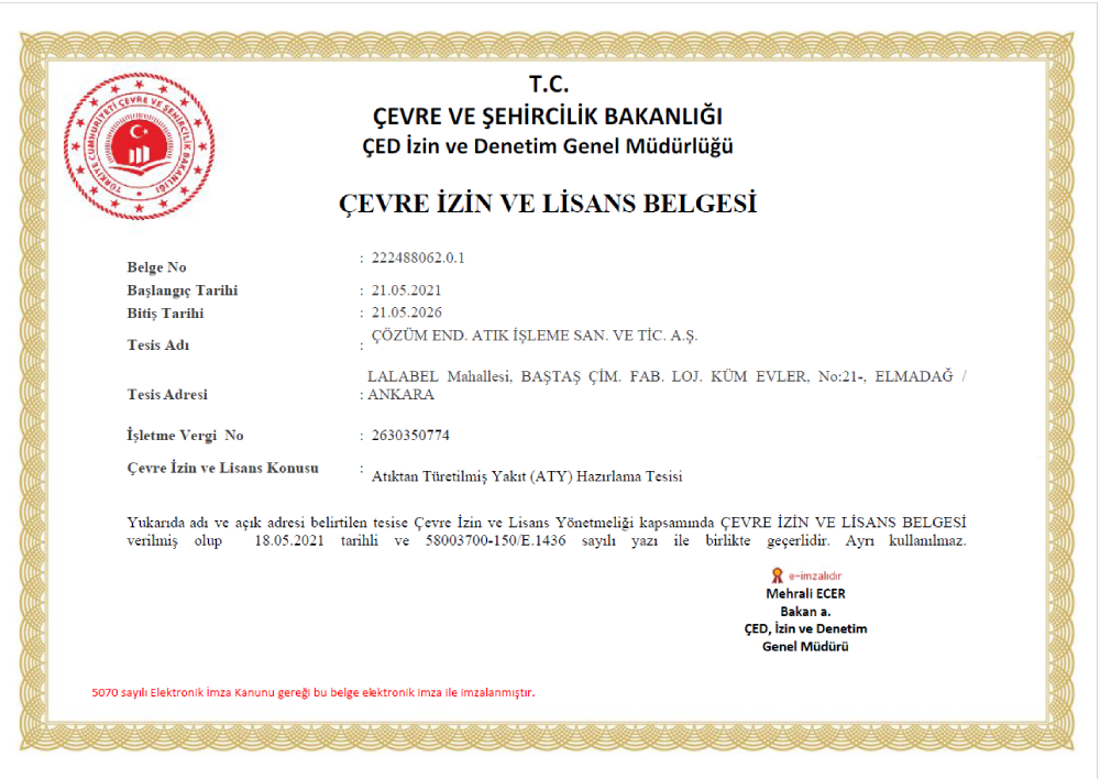 Çözüm Endüstriyel Atık İşleme - Çevre İzin ve Lisans Belgesi